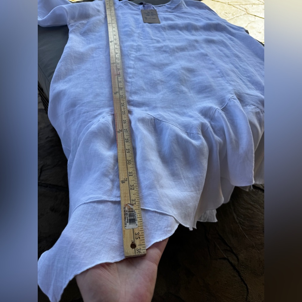 Match Point La Fixsun 100% Linen White Ruffle Hem Tunic Top L Lagenlook Made USA - Picture 10 of 11
